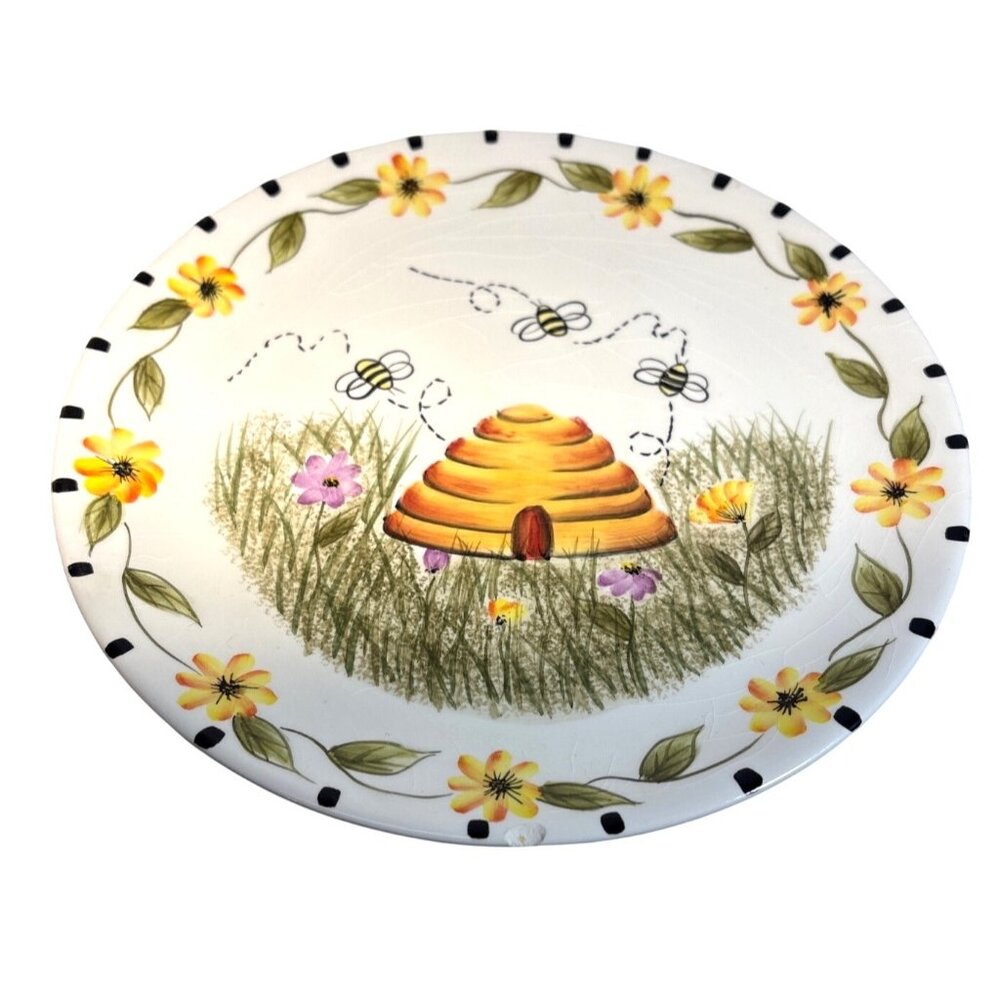 Honey Bee By Cheri Lane Plate Ceramic Decorative With Beehive & Floral Design 8"